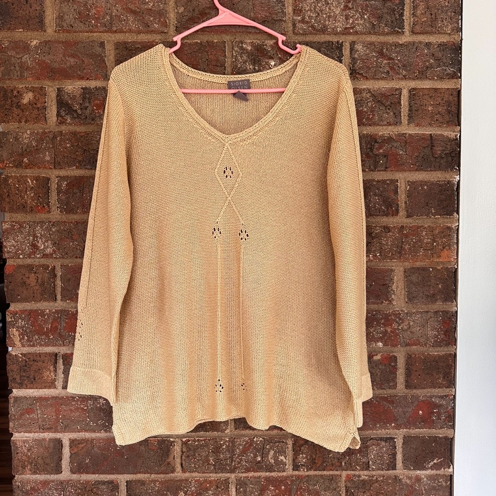 SIGRID OLSEN 100% Silk Knit V-Neck Sweater Tan Beige Pointelle Eyelet Large